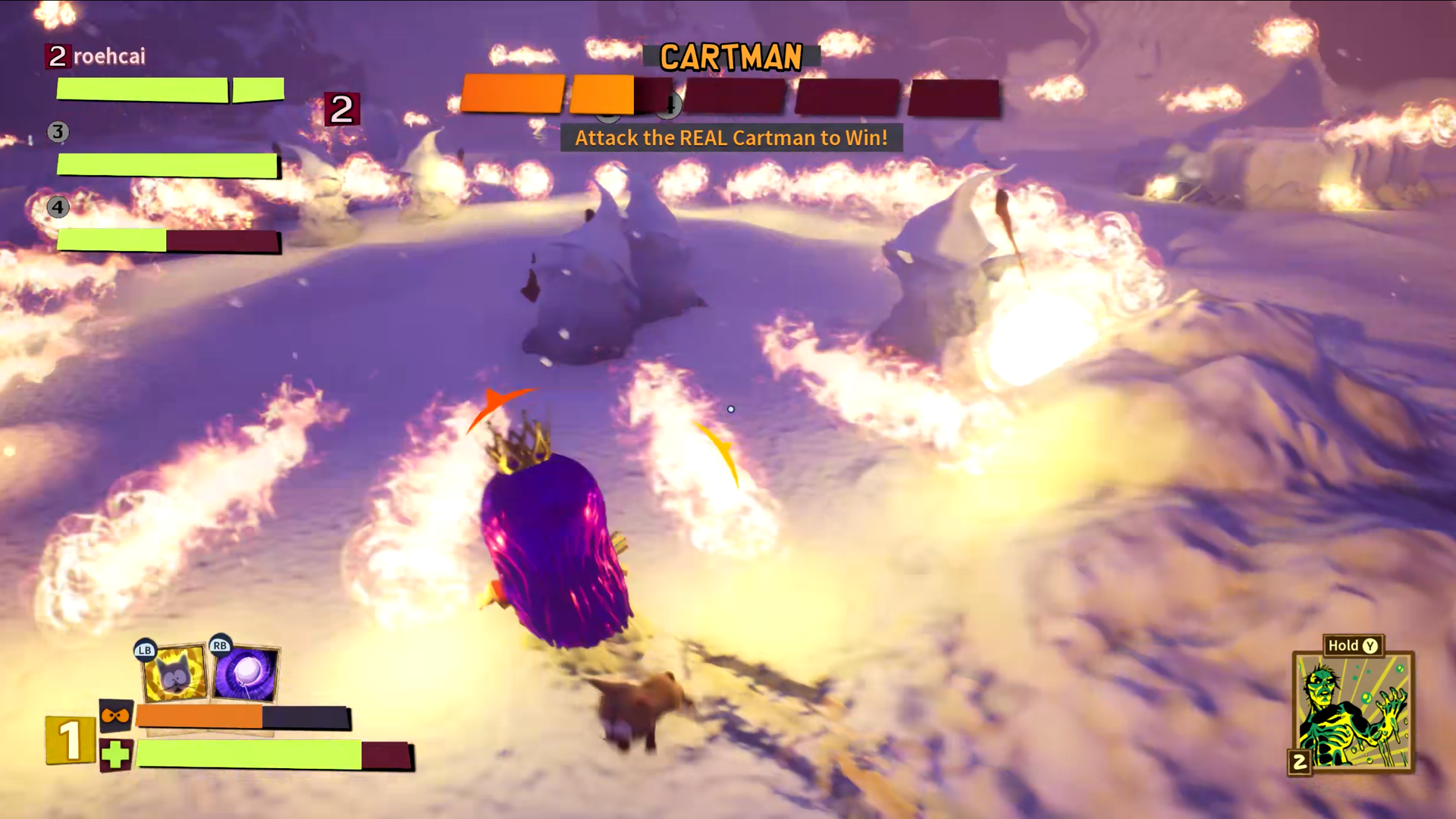 Screenshot from South Park: Snow Day! in the Cartman fight decoy phase, with multiple decoys firing rings of fireballs.