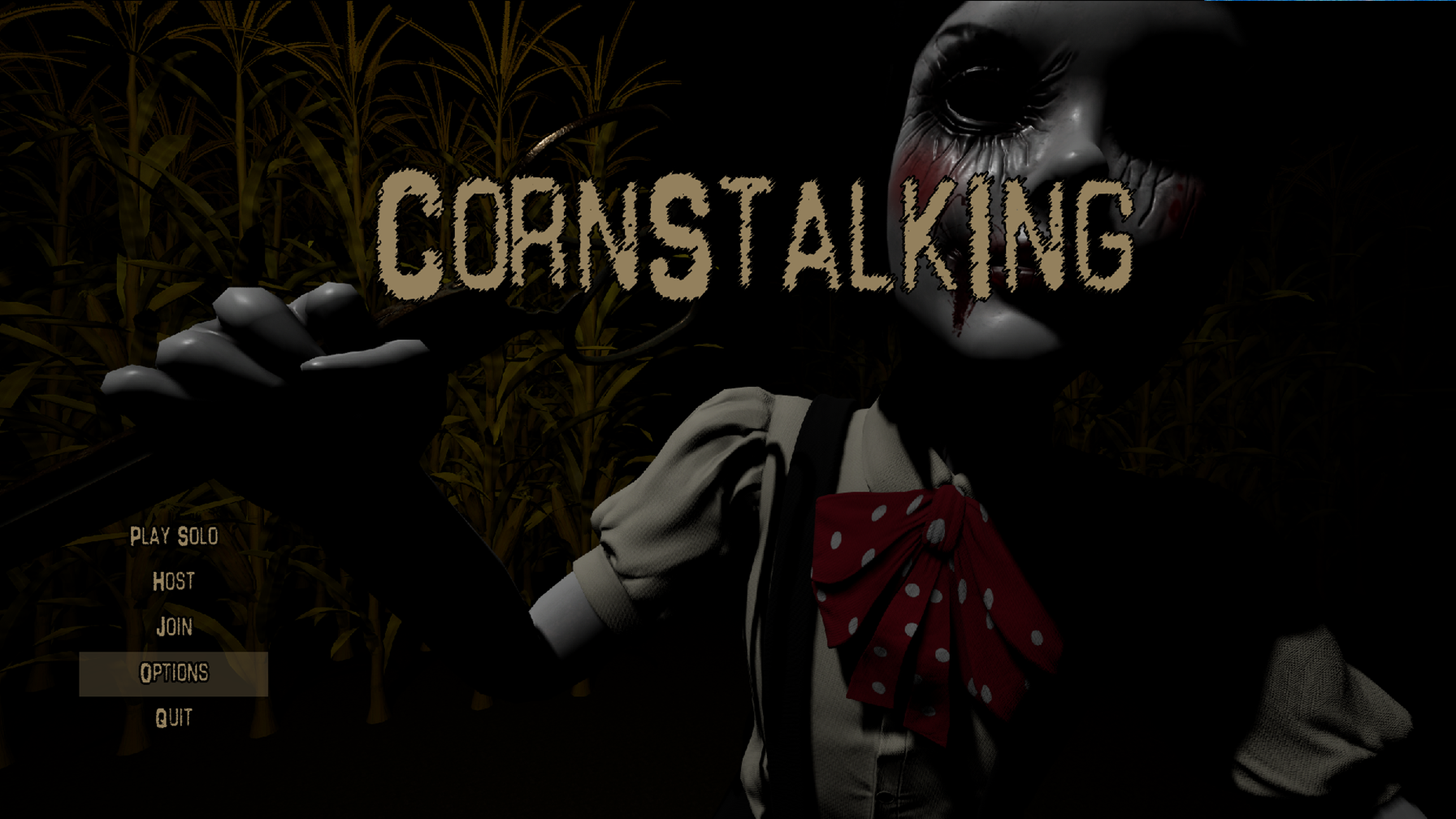 Title screen for Cornstalking, with a menu and a creepy doll taking up most of the frame.