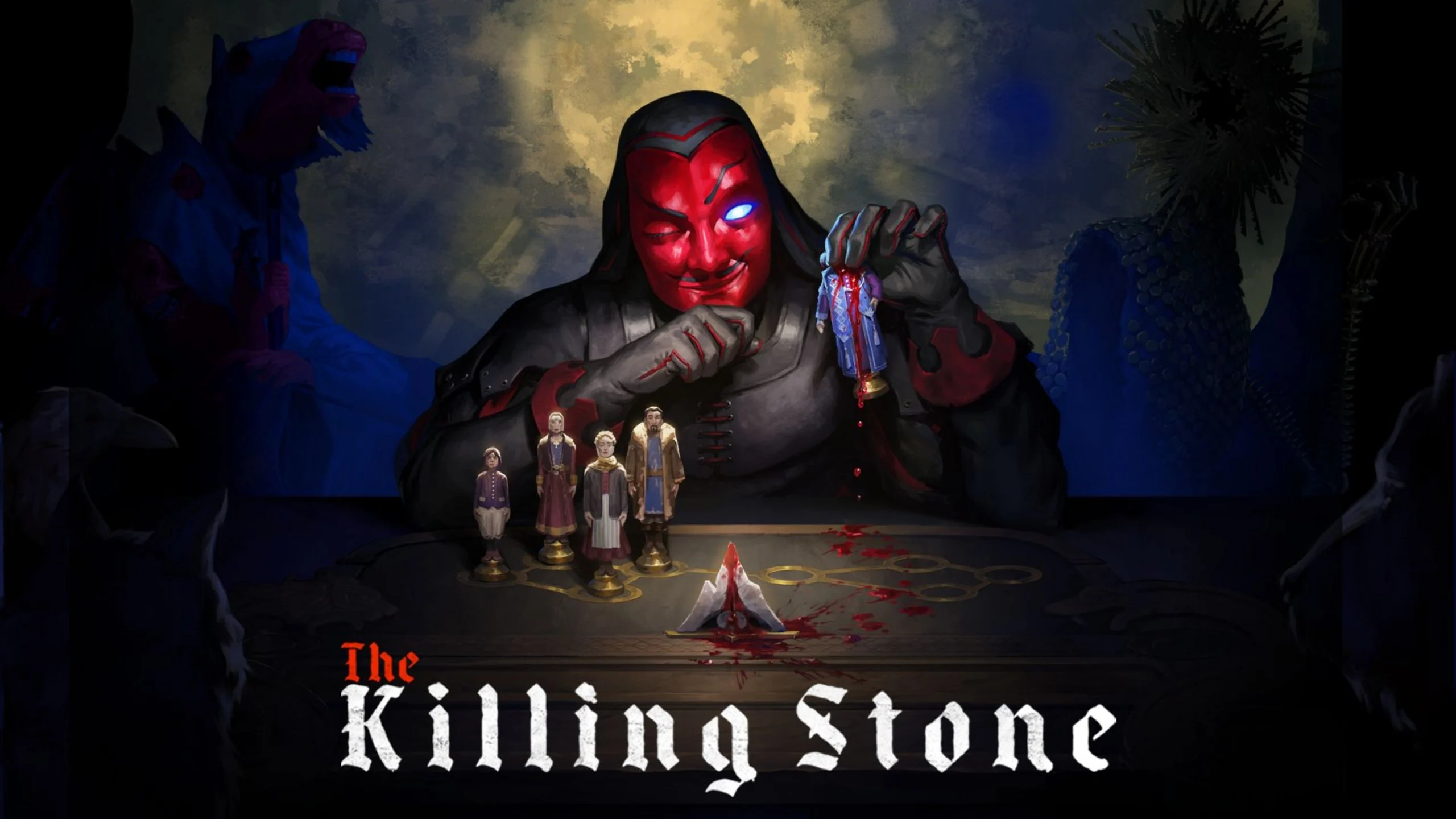Key art for The Killing Stone, with a one-eyed devil in a red mask sitting in front of a board with a bloody triangular stone, and wooden figurines of family members, holding one figurine with blood dripping from it onto the board.