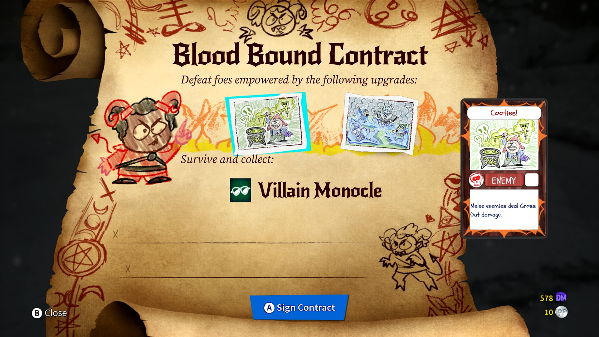 Screenshot from South Park: Snow Day showing a Nichole pact offering a Villain Monocle cosmetic if you survive two additional enemy upgrades.
