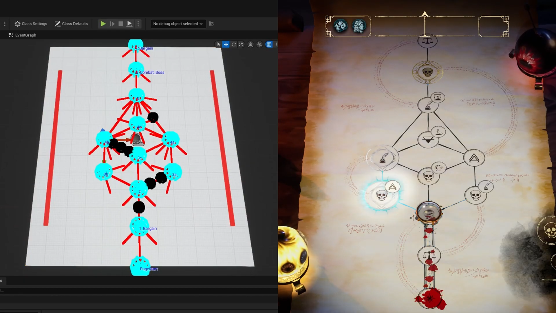 Two side by side images with circles arranged in a pattern with connected lines.  The one on the left shows the pattern in the Unreal Engine editor, and the other shows the page in-game.