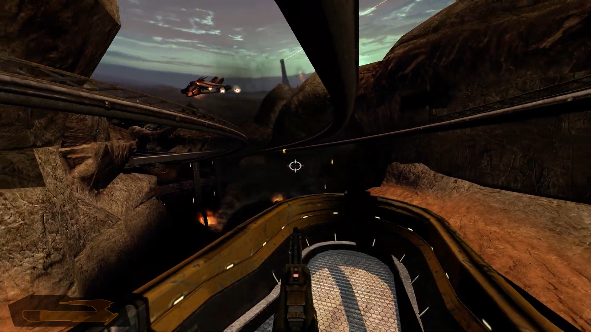 Screenshot from the Tram level on Quake 4, with the tram's mounted gun pointed vaguely toward a Strogg flier.