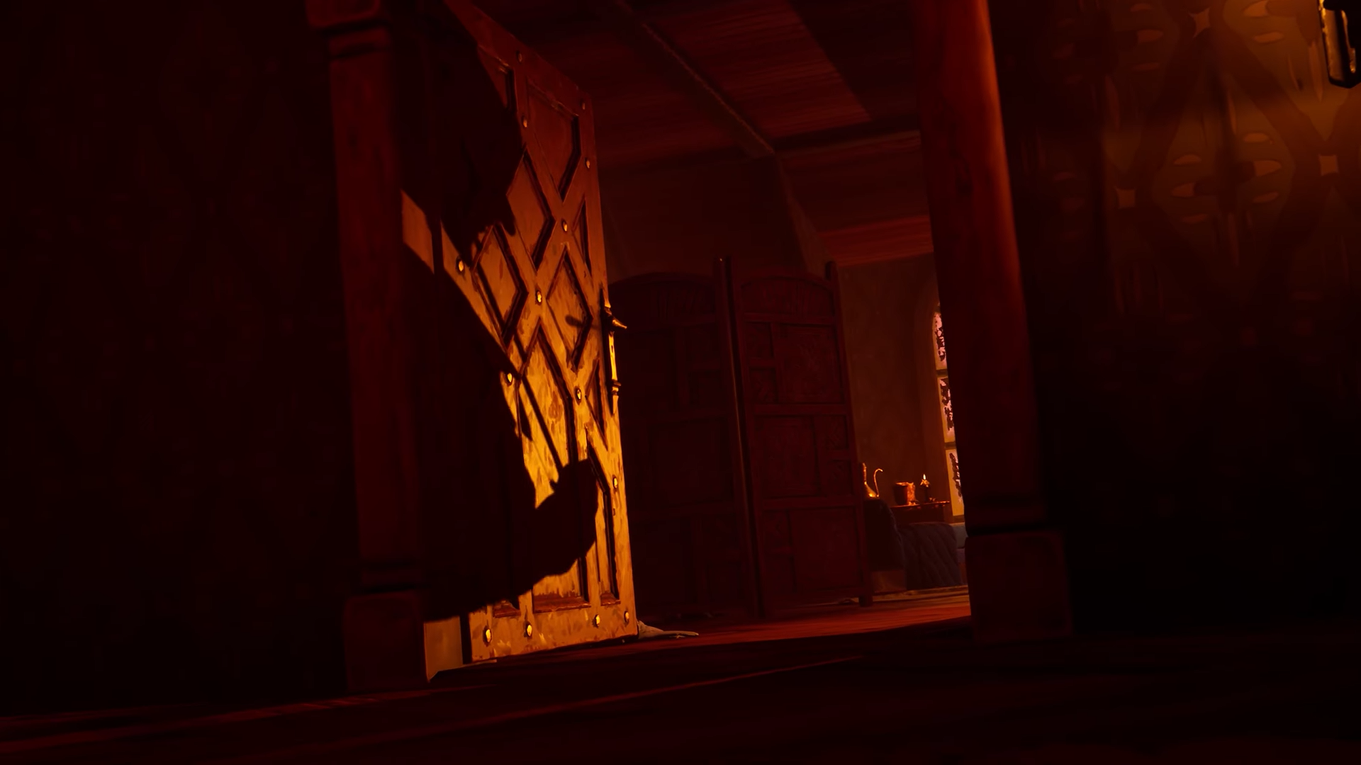Screenshot from the trailer of The Killing Stone, showing a spooky shadow of a demon playing the violin.