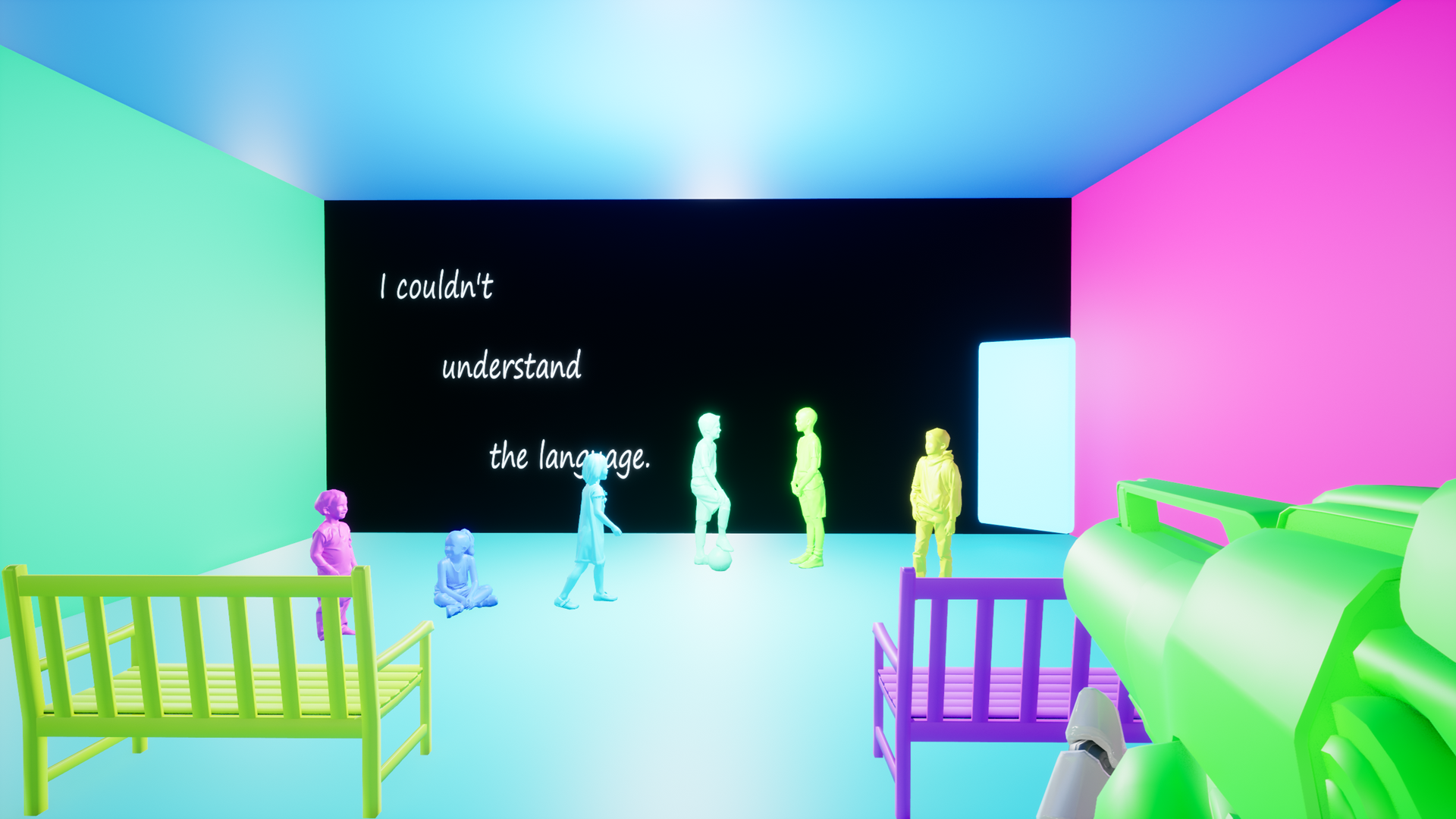 A scene with a simple room with kids playing and two benches facing them, but each child, bench and wall has its own very bright, very wrong color.  The back wall is black and says "I couldn't understand the language."