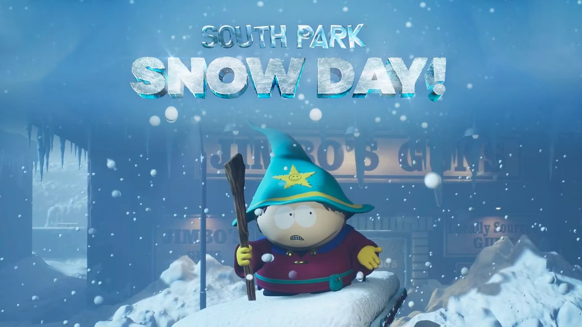 Promo art from South Park: Snow Day with Cartman in his wizard costume in front of Jimbo's Guns.