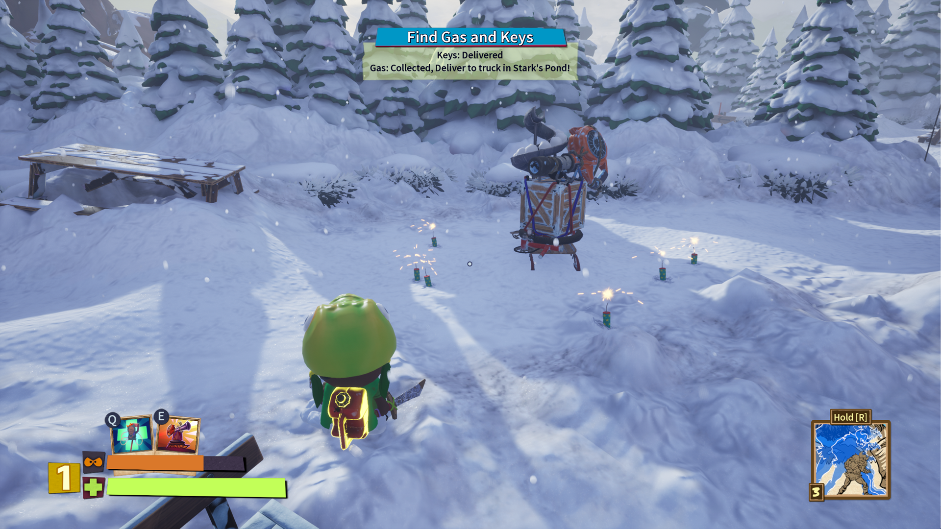 Screenshot from South Park: Snow Day showing a snowball launcher with the Defensive Perimeter upgrade, with a few lit firecrackers planted in the snow around it.