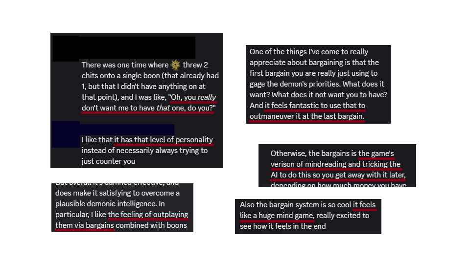 Screenshots from redacted Discord users talking about how it feels to play bargain rounds in The Killing Stone.