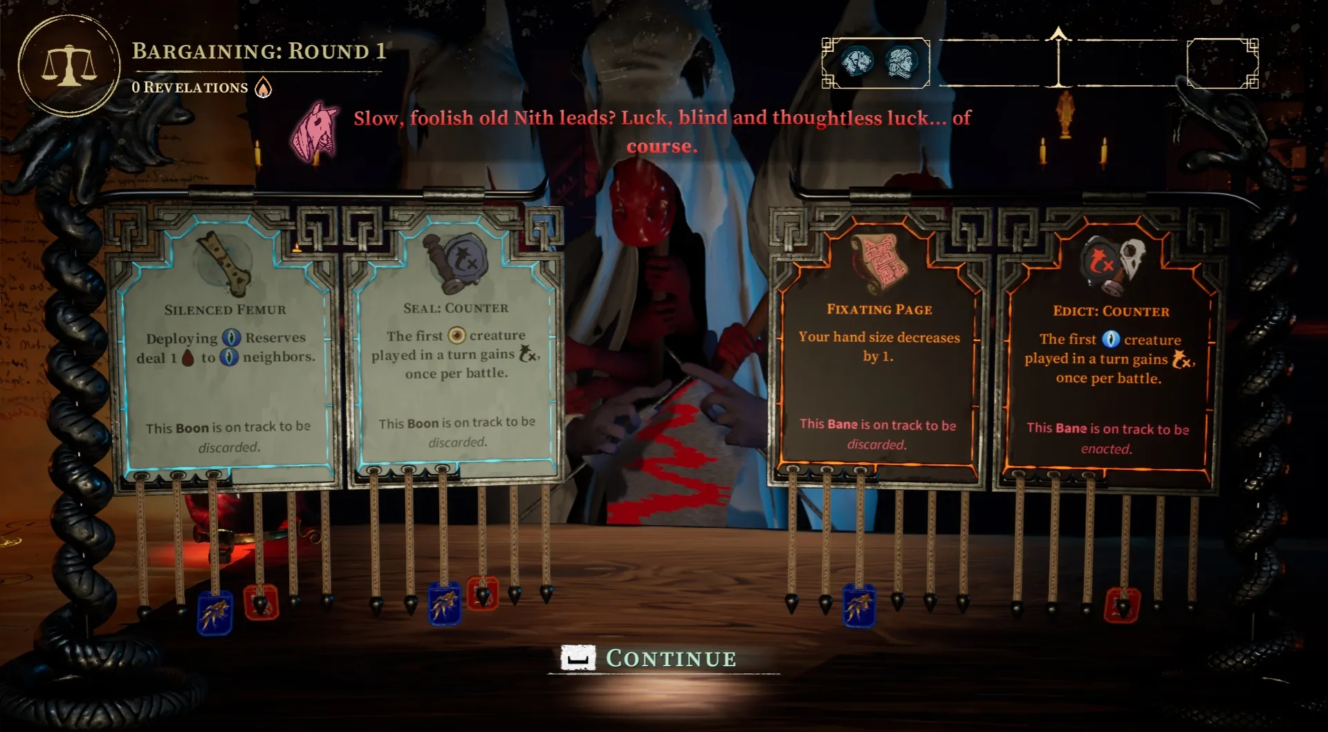 Screenshot from The Killing Stone, bargaining against a three-headed horse demon, who is definitely not trying to psych you out.
