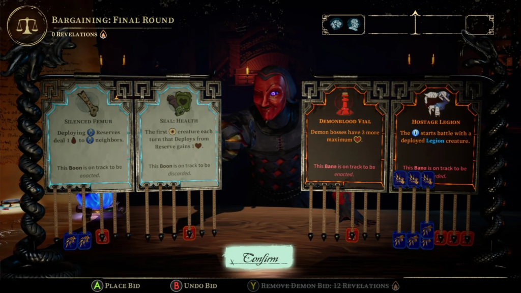 Screenshot from The Killing Stone, playing a bargaining round by placing chits on placards, against a one-eyed devil in a mask.