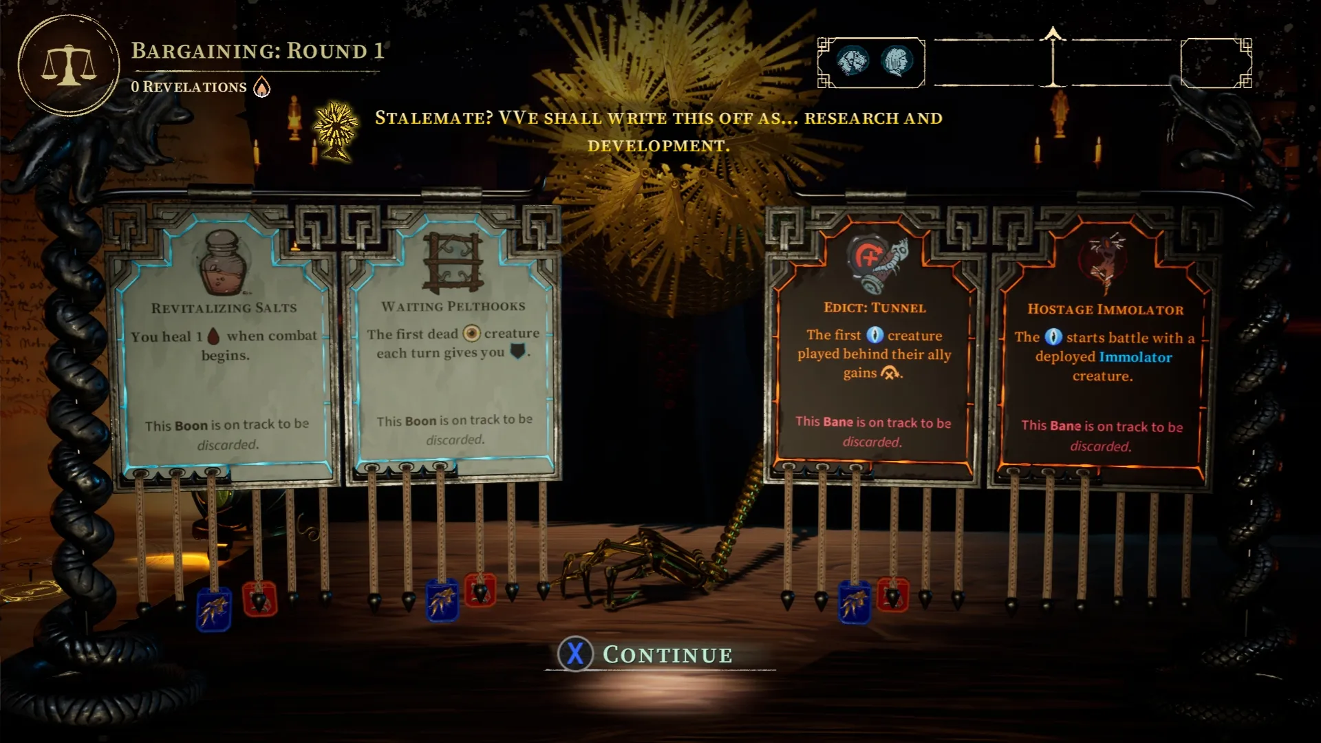 Screenshot from The Killing Stone, bargaining against a golden monstrosity of a demon, calling out how symmetrically the player has played against the demon.